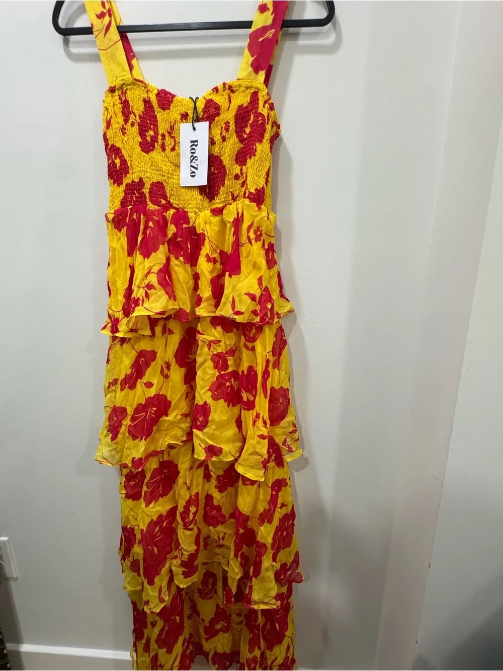 Ro&Zo Yellow+Cerise Floral Strappy Tiered Lined Chiffon Maxi Dress SZ 14UK 10US